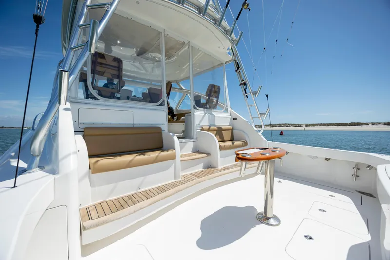 Life Is Good Yacht Photos Pics 2013 Viking 42 yacht with spacious deck, seating, and ocean view.