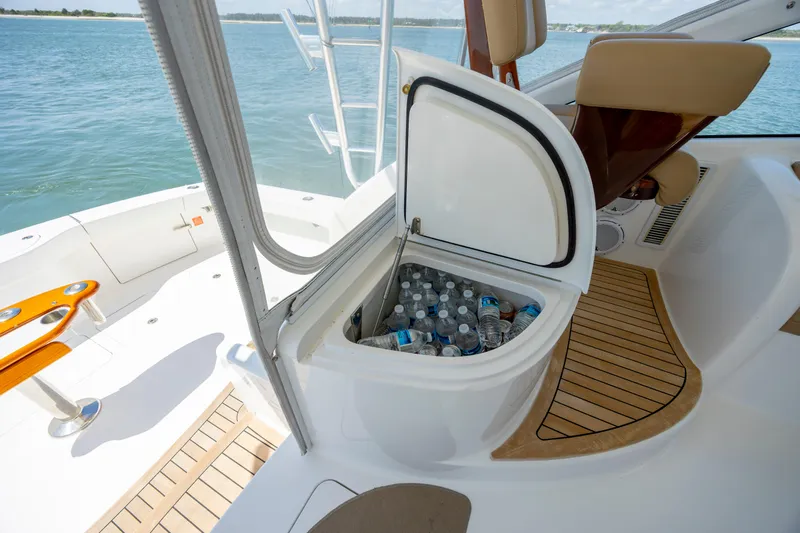 Life Is Good Yacht Photos Pics Open cooler with bottled water on 2013 Viking 42 yacht deck.
