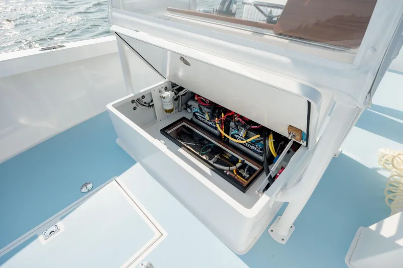  Yacht Photos Pics Open electrical compartment on a 2019 Gamefisherman 26 Cuddy Cabin boat.