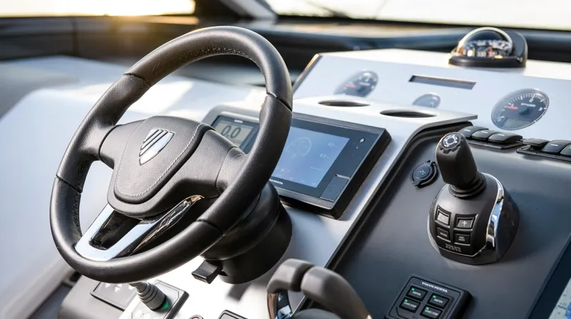  Yacht Photos Pics Steering wheel and controls of 2026 Fairline Targa 45 Open yacht cockpit.