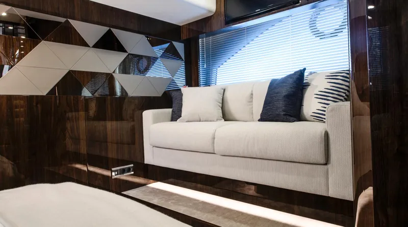  Yacht Photos Pics Luxurious interior of 2026 Fairline Targa 45 Open yacht with modern sofa and stylish decor.
