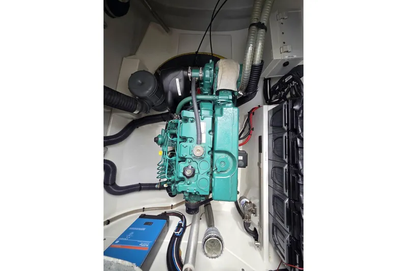 Free To Be Yacht Photos Pics Engine compartment of 2022 Fountaine Pajot Elba 45 Catamaran, showcasing mechanical components.