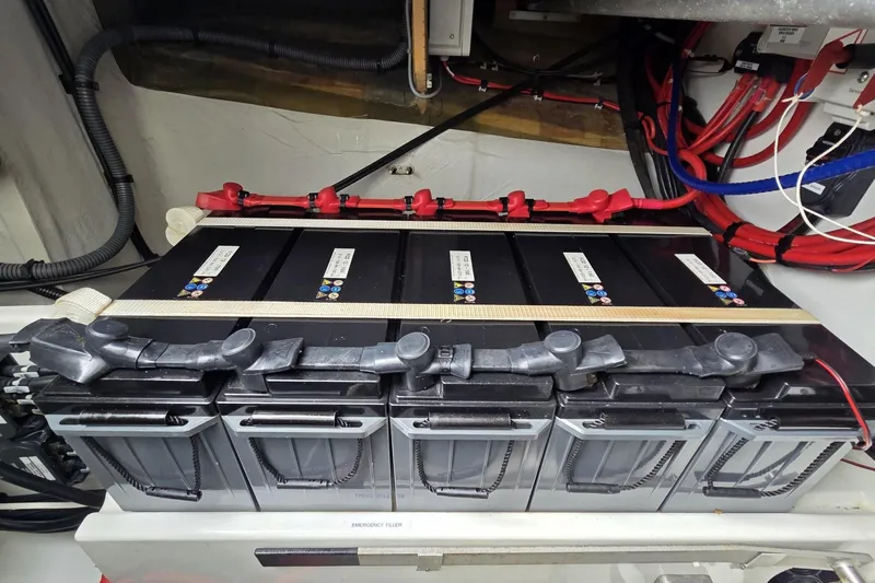 Free To Be Yacht Photos Pics Battery compartment of 2022 Fountaine Pajot Elba 45 Catamaran with wiring and connections.