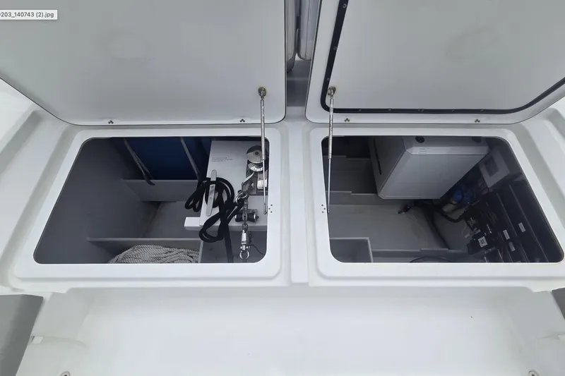 Free To Be Yacht Photos Pics Open storage compartments on a 2022 Fountaine Pajot Elba 45 Catamaran deck.