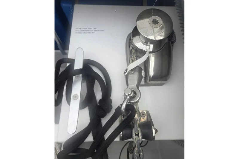 Free To Be Yacht Photos Pics Anchor winch and cleat on 2022 Fountaine Pajot Elba 45 Catamaran deck.