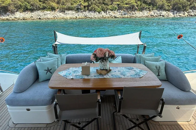  Yacht Photos Pics Luxurious 2014 Princess Flybridge 82 Motor Yacht deck with elegant seating and ocean view.