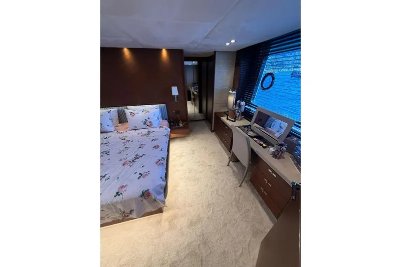  Yacht Photos Pics Luxurious bedroom interior of 2014 Princess Flybridge 82 Motor Yacht with elegant decor.