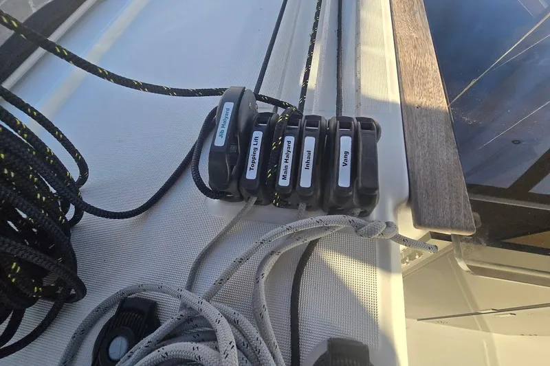 Bluebird Yacht Photos Pics Close-up of sailing ropes and clutches on a 2023 Beneteau Oceanis 38.1 yacht.