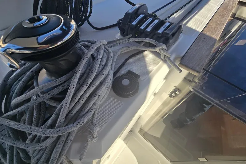 Bluebird Yacht Photos Pics Deck of 2023 Beneteau Oceanis 38.1 with winch and ropes.