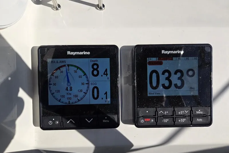 Bluebird Yacht Photos Pics Raymarine instruments on 2023 Beneteau Oceanis 38.1 displaying depth and wind direction.