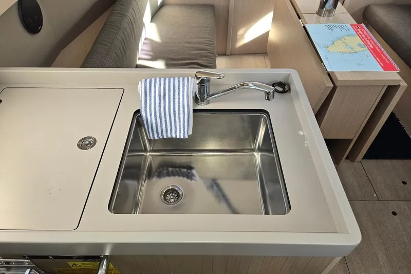 Bluebird Yacht Photos Pics Modern kitchen sink in 2023 Beneteau Oceanis 38.1 yacht interior.