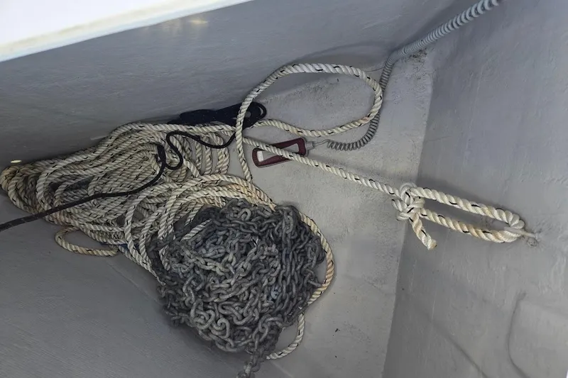 Bluebird Yacht Photos Pics Ropes and chains in the anchor locker of a 2023 Beneteau Oceanis 38.1 sailboat.