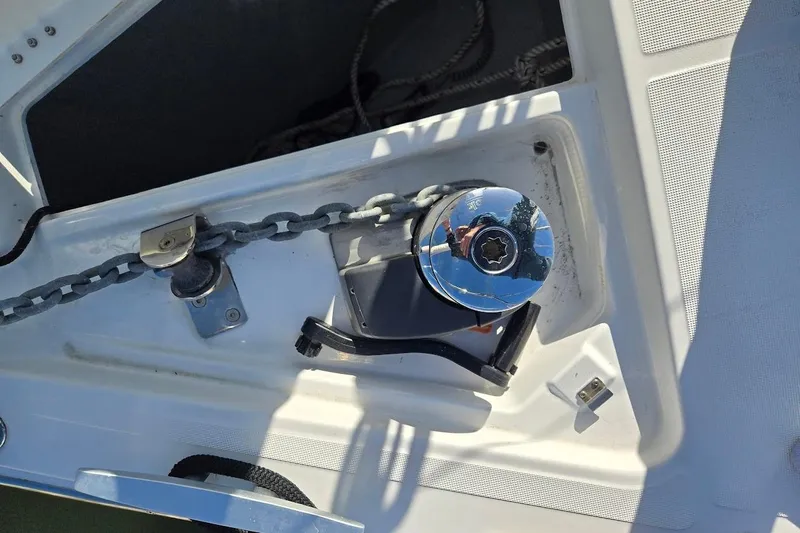 Bluebird Yacht Photos Pics Anchor chain and winch on 2023 Beneteau Oceanis 38.1 yacht deck.