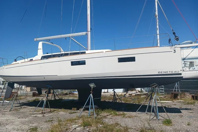 Bluebird Yacht Photos Pics 2023 Beneteau Oceanis 38.1 sailboat on stands, ready for launch.
