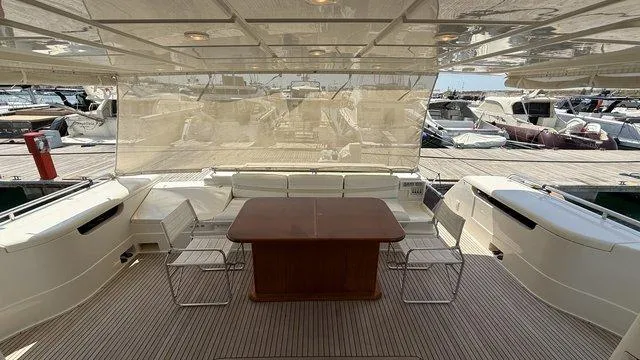 Happy Landing Yacht Photos Pics Luxurious 2007 Ferretti Yachts 731 deck with elegant seating and table setup.