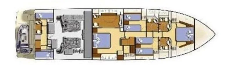 Happy Landing Yacht Photos Pics Floor plan of a 2007 Ferretti Yachts 731, showcasing cabin and engine layout.