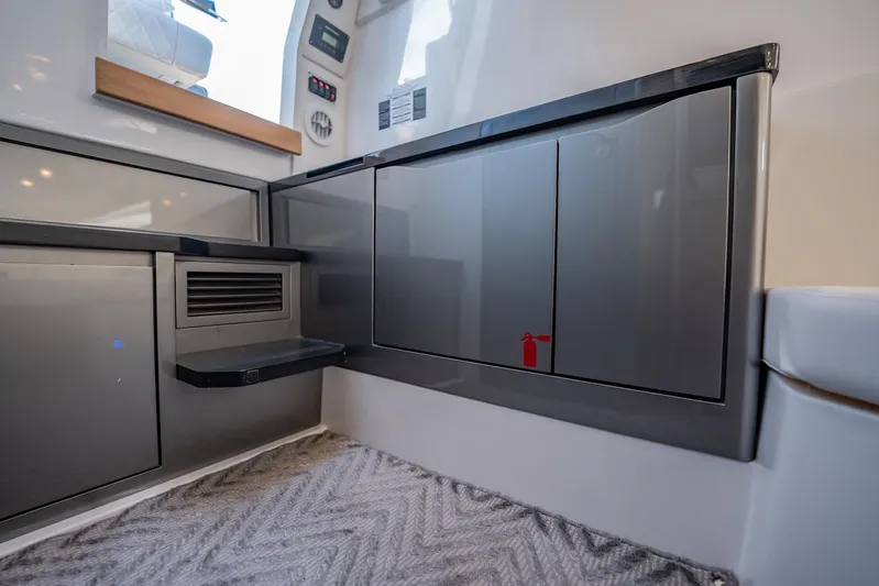  Yacht Photos Pics Interior of 2024 Schaefer V33 yacht, featuring sleek cabinetry and modern design elements.
