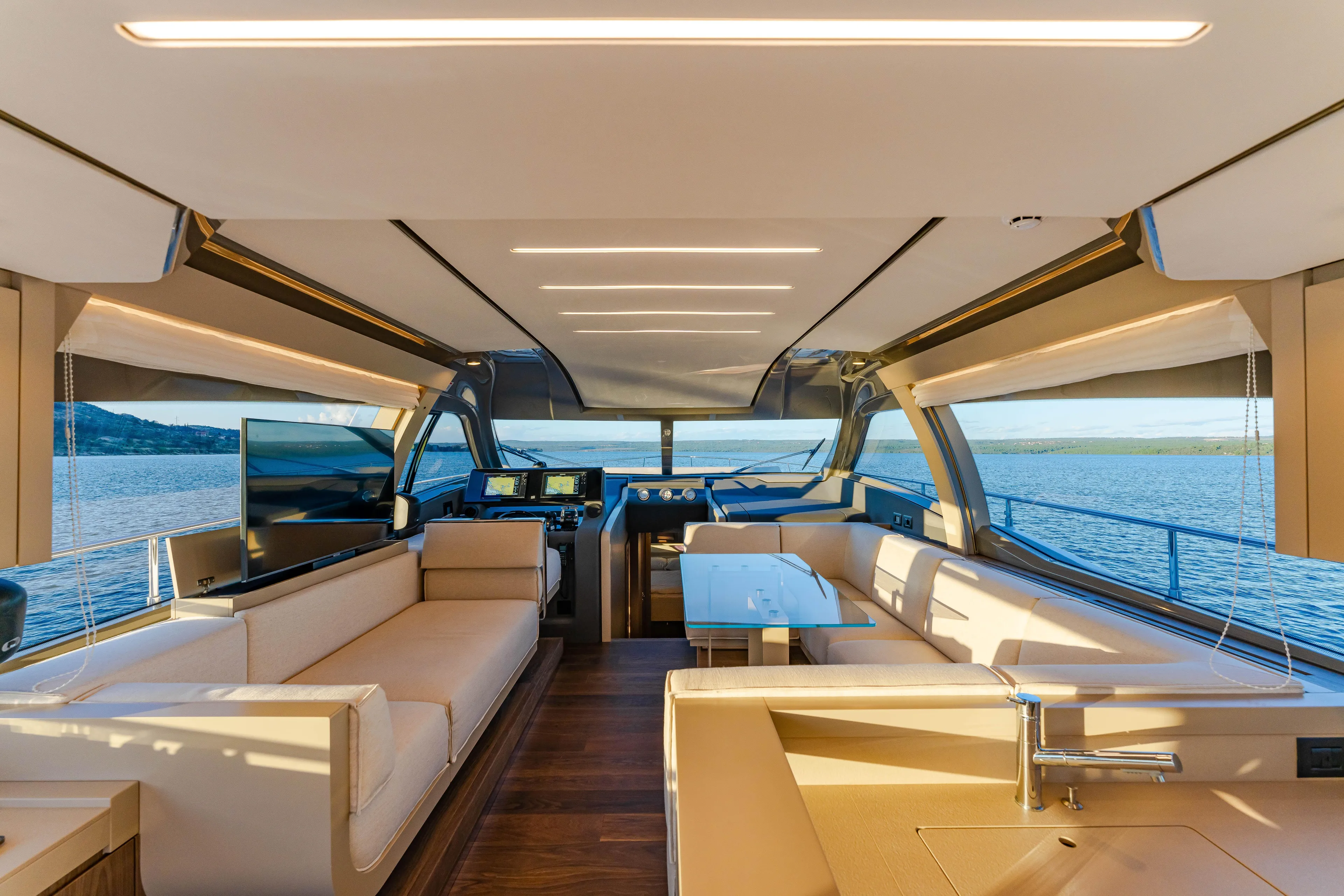 La Seduction Yacht Photos Pics Luxurious interior of 2022 Ferretti Yachts 550 with panoramic sea views.