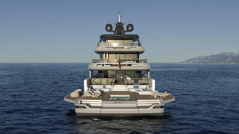 Project Kai Specification Two Yacht Photos Pics Luxurious 2027 Custom Project KAI yacht on open sea, showcasing modern design and elegance.
