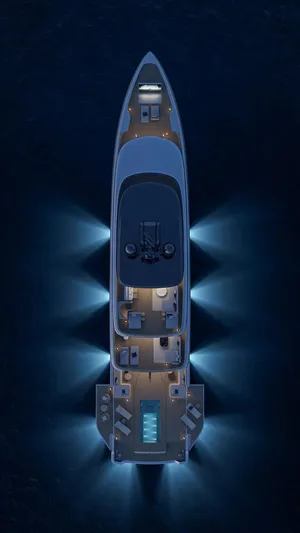 Project Kai Specification Two Yacht Photos Pics Aerial view of illuminated Custom Project KAI yacht, 2027 model, at night.