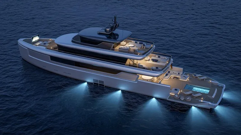 Project Kai Specification Two Yacht Photos Pics Luxurious Custom Project KAI yacht, 2027 model, illuminated at night on the ocean.