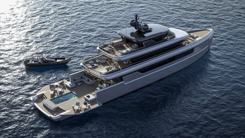 Project Kai Specification Two Yacht Photos Pics Luxurious 2027 Custom Project KAI yacht with pool, cruising alongside a smaller boat.