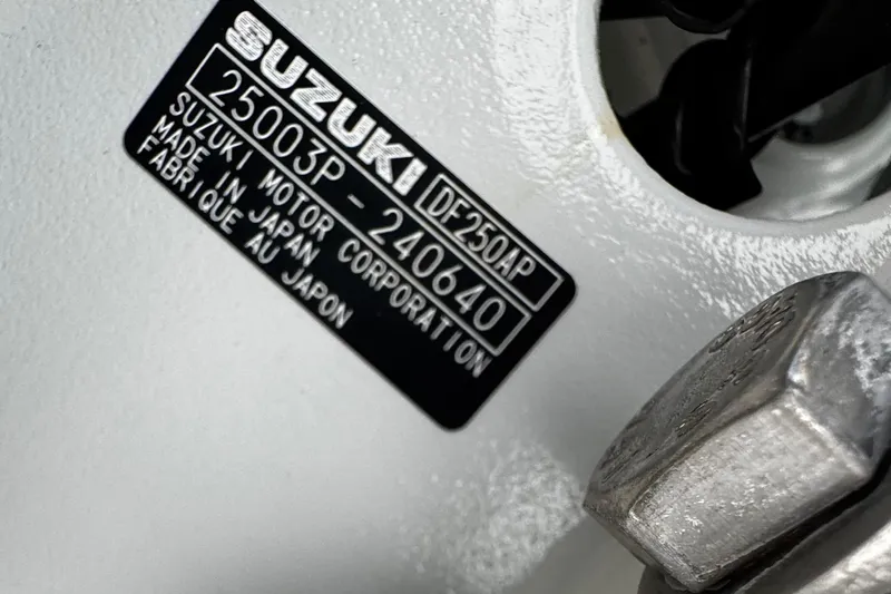  Yacht Photos Pics Close-up of Suzuki DF250AP engine label on 2022 Whitewater 28 Open boat.