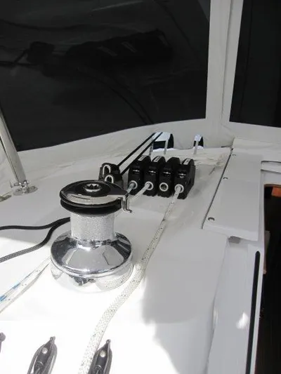 Hurkle Durkle Yacht Photos Pics 2024 Catalina 385 sailboat deck with winch and rope clutches.