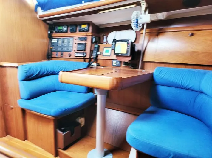  Yacht Photos Pics Interior of 2000 Jeanneau Sun Odyssey 40 yacht with blue seating and navigation equipment.