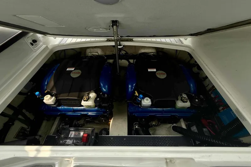  Yacht Photos Pics Engine compartment of a 2020 Formula 290 Bowrider boat, featuring dual Ilmor engines.