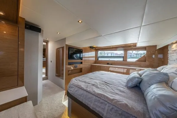  Yacht Photos Pics Luxurious interior of 2018 Cruisers Yachts 50 Cantius with elegant bedroom design.
