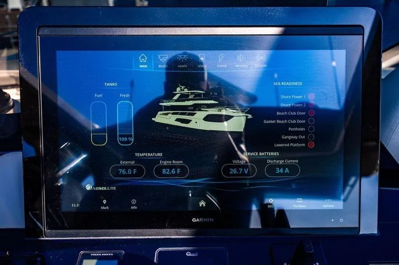  Yacht Photos Pics Touchscreen display on 2022 Absolute 64 Navetta yacht showing system status and sea readiness.