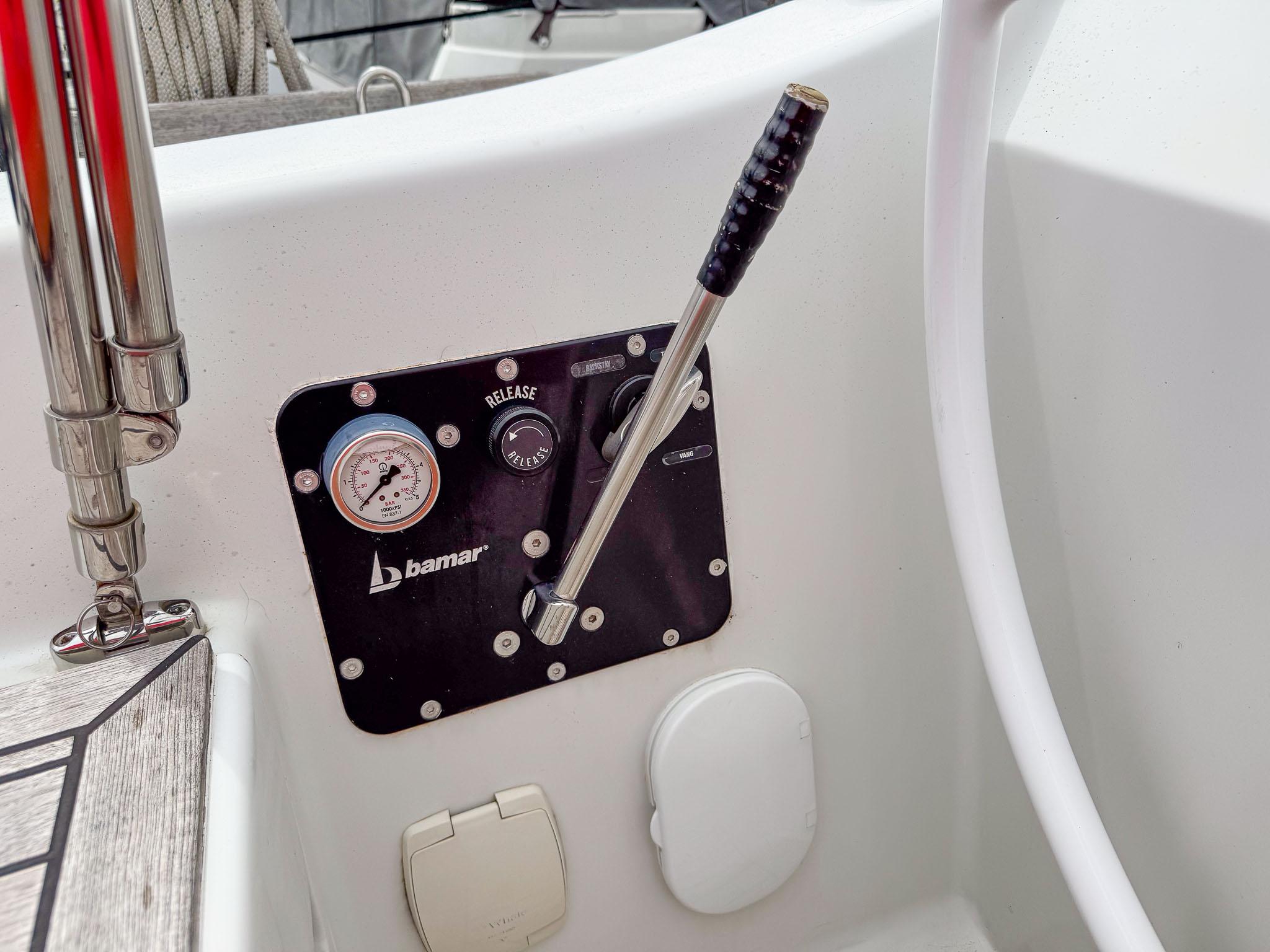 Control panel of 2020 Comar Comet 62 RS yacht with lever and gauge.