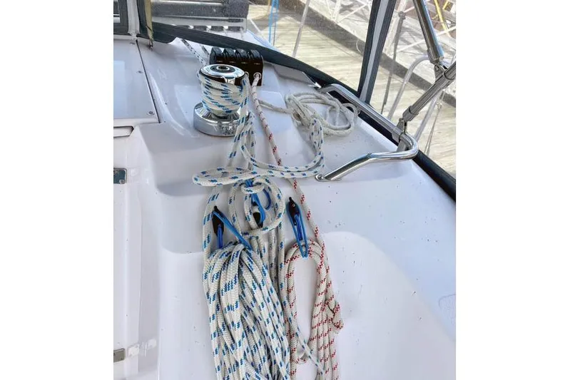 Falken Yacht Photos Pics Sailboat deck with ropes and winch on a 2017 Catalina model.