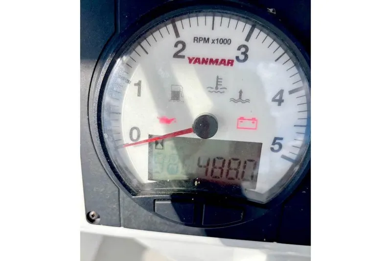 Falken Yacht Photos Pics Close-up of a Yanmar tachometer displaying 4880 RPM on a 2017 Catalina.
