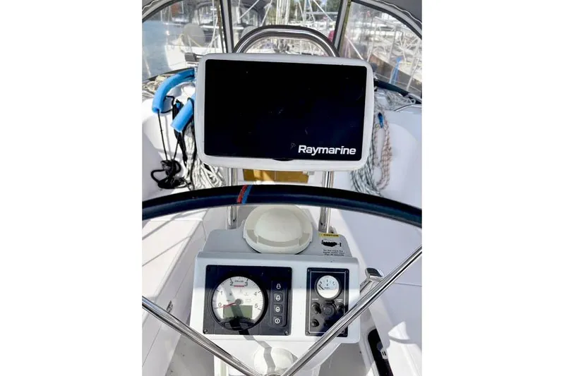 Falken Yacht Photos Pics Steering console of 2017 Catalina boat with Raymarine navigation system.