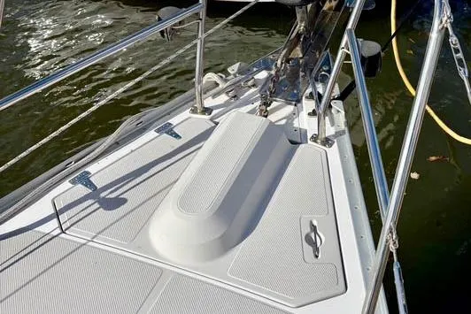 Falken Yacht Photos Pics 2017 Catalina boat deck with stainless steel railings and textured surface.