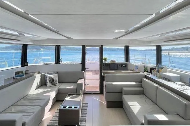  Yacht Photos Pics Luxurious interior of 2023 Leopard 53 Powercat yacht with panoramic ocean views.