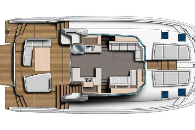  Yacht Photos Pics Top view of 2023 Leopard 53 Powercat yacht layout with spacious interior design.