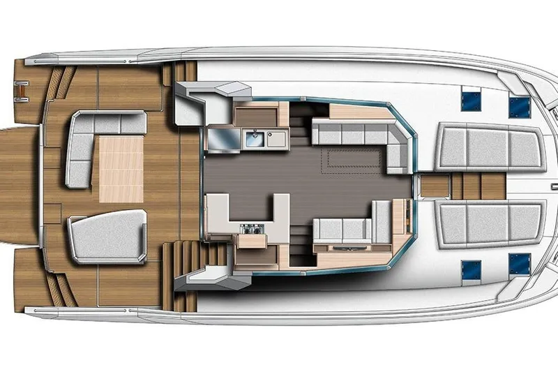 Yacht Photos Pics Top view of 2023 Leopard 53 Powercat yacht interior layout, featuring spacious seating and kitchen areas.