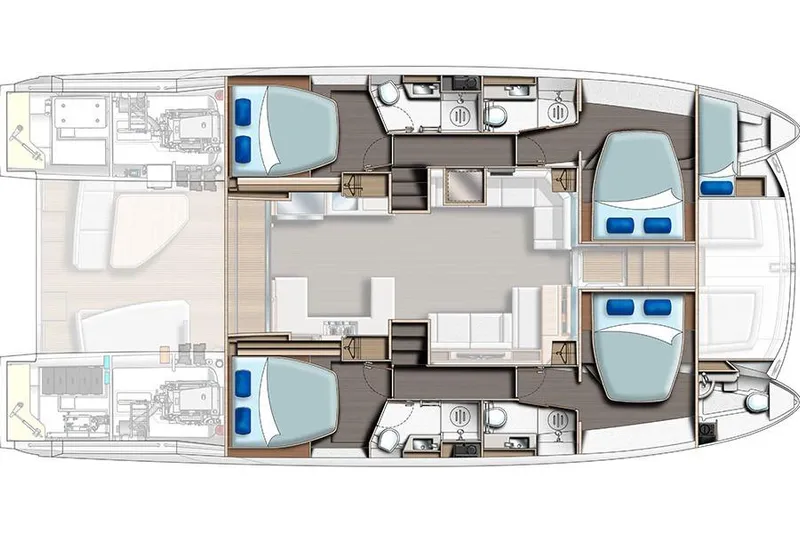  Yacht Photos Pics Floor plan of 2023 Leopard 53 Powercat yacht, featuring cabins, bathrooms, and living areas.