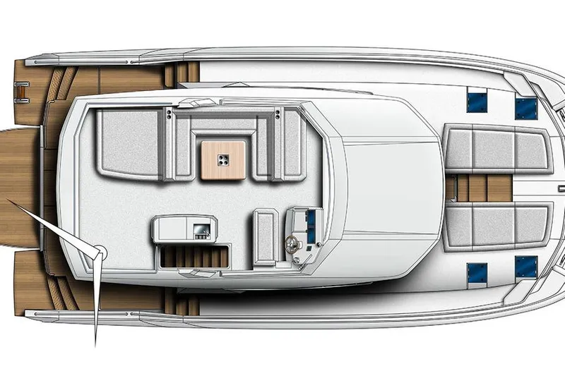  Yacht Photos Pics Top view layout of 2023 Leopard 53 Powercat yacht, showcasing deck and seating arrangement.
