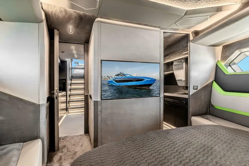 Aspen And Delilah Yacht Photos Pics Luxurious interior of 2023 Tecnomar 63 Lamborghini yacht with modern design and sleek finishes.