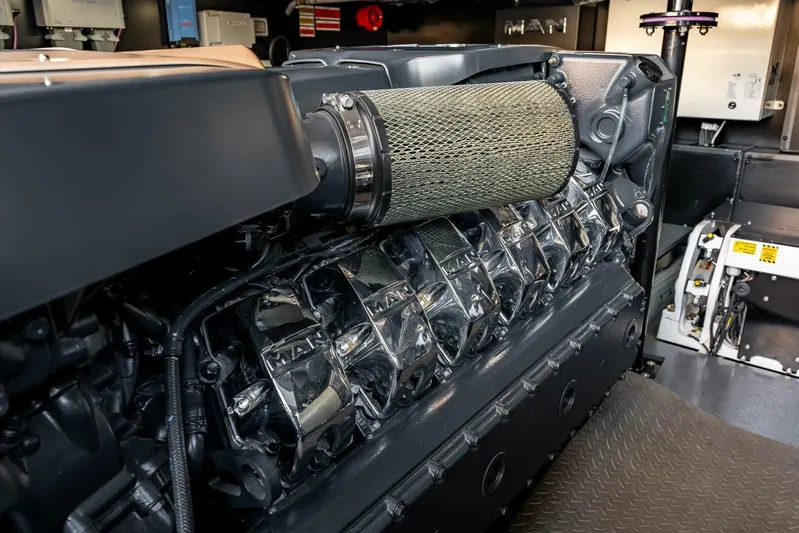 Aspen And Delilah Yacht Photos Pics Engine of 2023 Tecnomar 63 Lamborghini yacht, showcasing powerful MAN components.