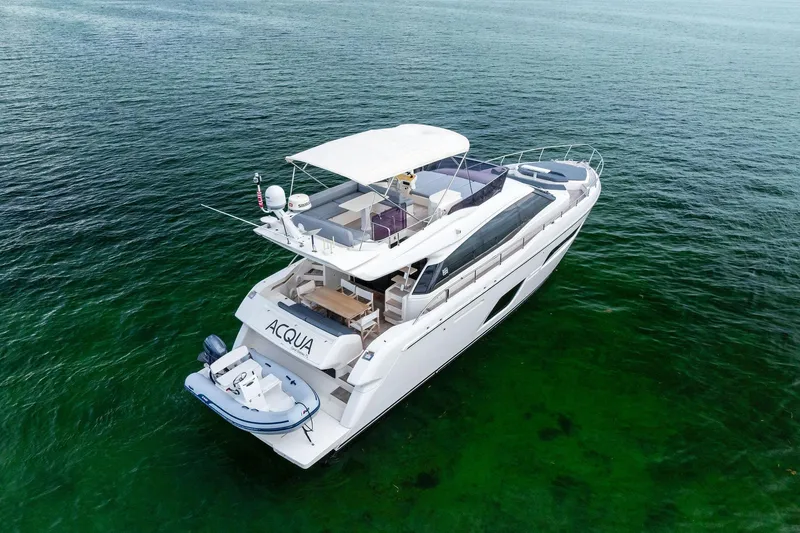 Acqua Yacht Photos Pics 2018 Ferretti Yachts 550 on calm green waters, featuring a spacious deck and modern design.