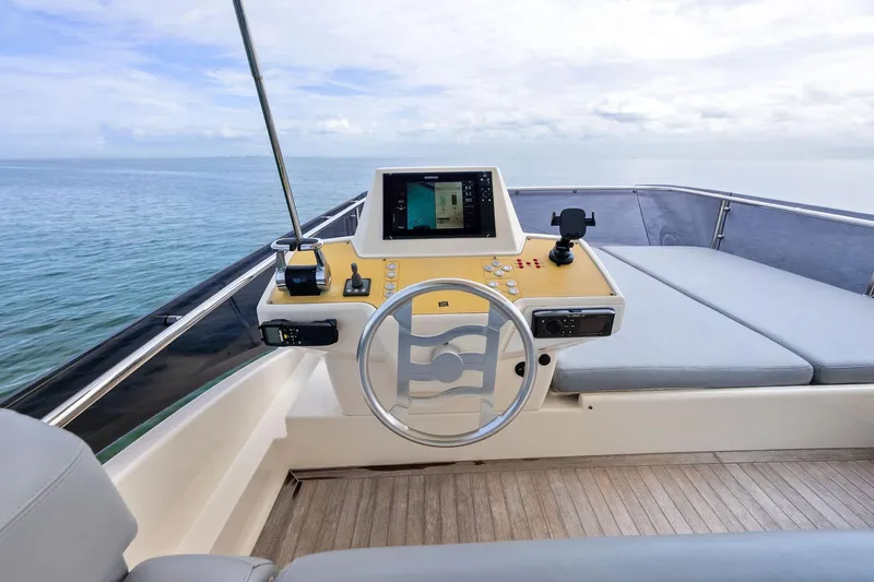 Acqua Yacht Photos Pics 2018 Ferretti Yachts 550 helm with modern controls and ocean view.