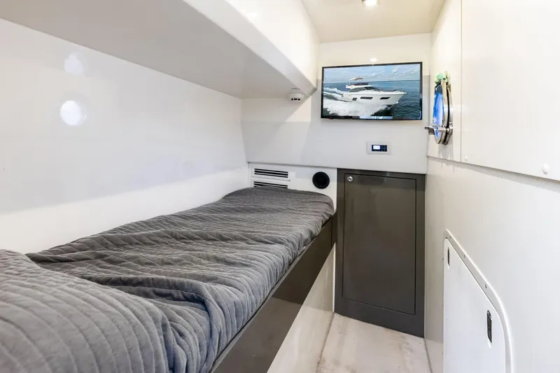 Acqua Yacht Photos Pics 2018 Ferretti Yachts 550 cabin interior with bed, TV, and modern design.