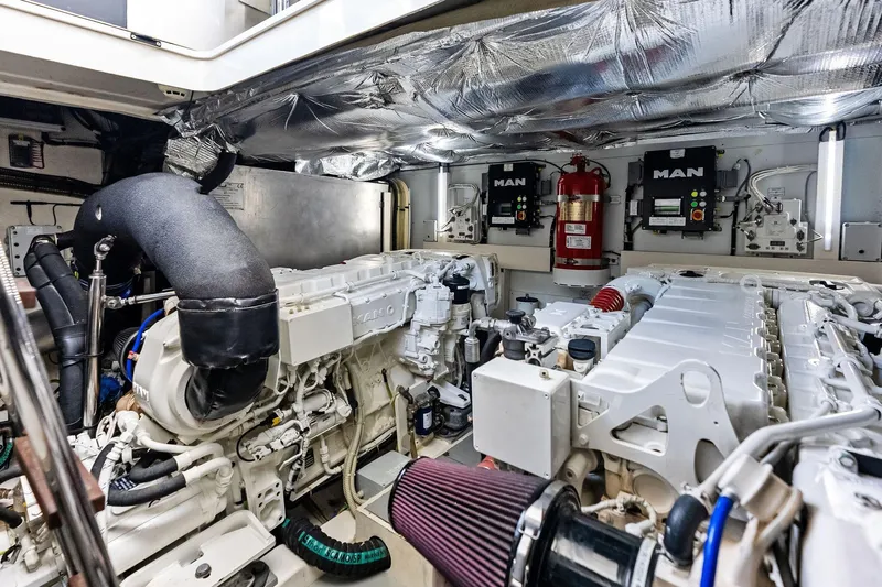 Acqua Yacht Photos Pics Engine room of 2018 Ferretti Yachts 550 with MAN engines and fire suppression system.