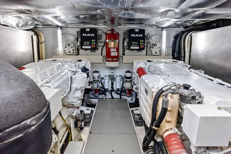 Acqua Yacht Photos Pics Engine room of 2018 Ferretti Yachts 550 with MAN engines and fire suppression system.