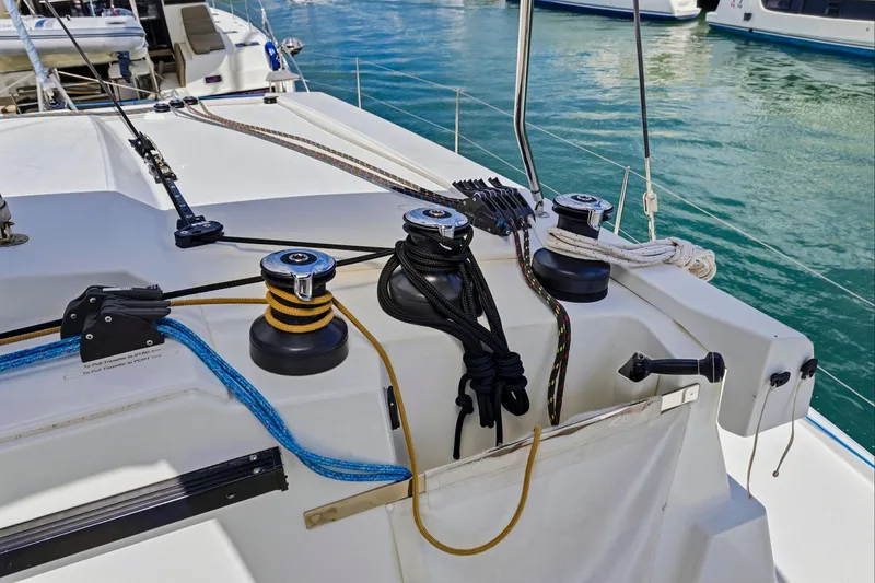 Nauti Mollie Yacht Photos Pics Fountaine Pajot Astrea 42 Catamaran deck with winches and ropes, 2020 model.